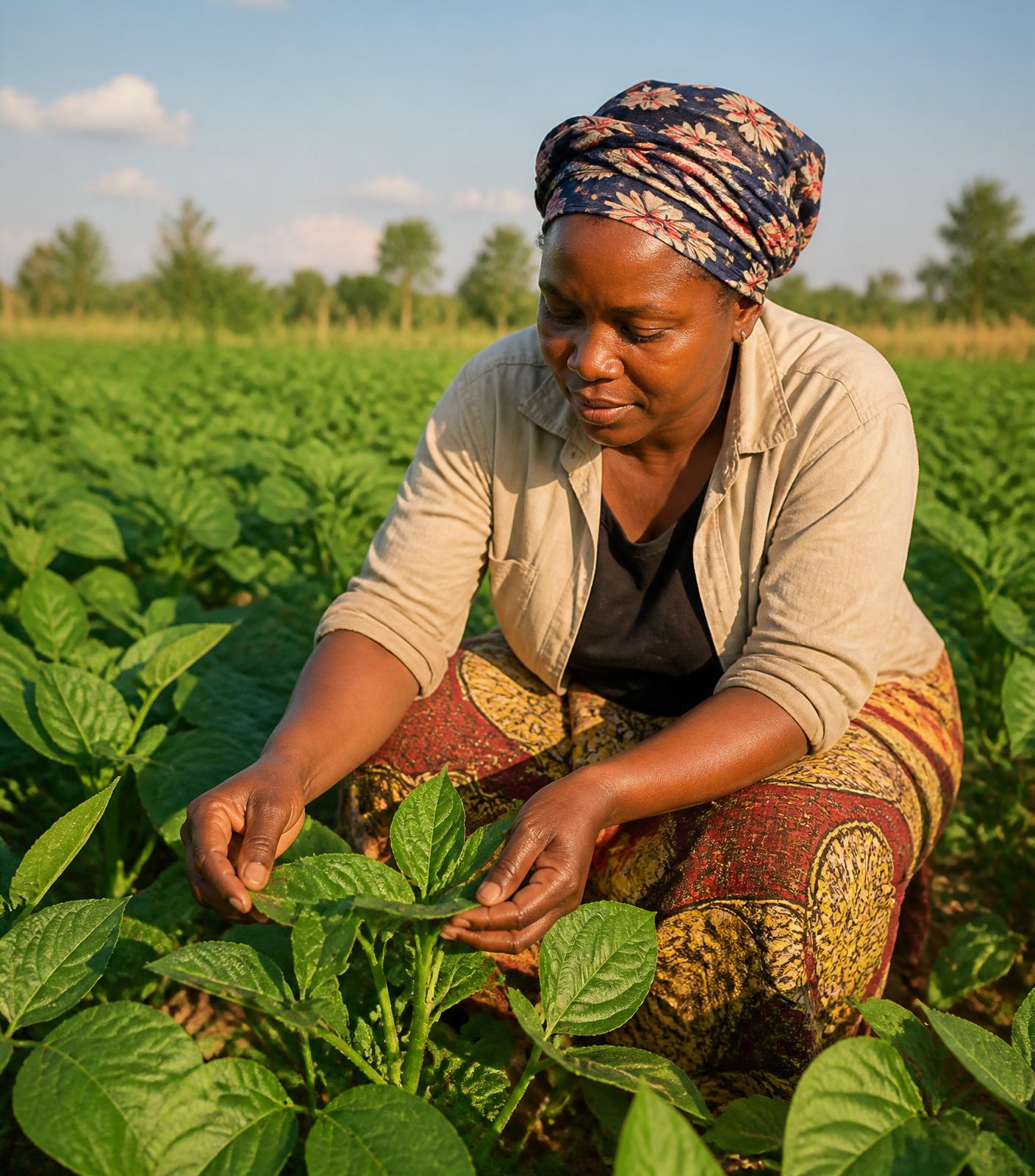 Farmer inspecting healthy crop leaves in a field