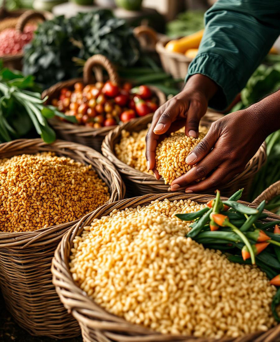 Hands sorting freshly harvested grains and produce