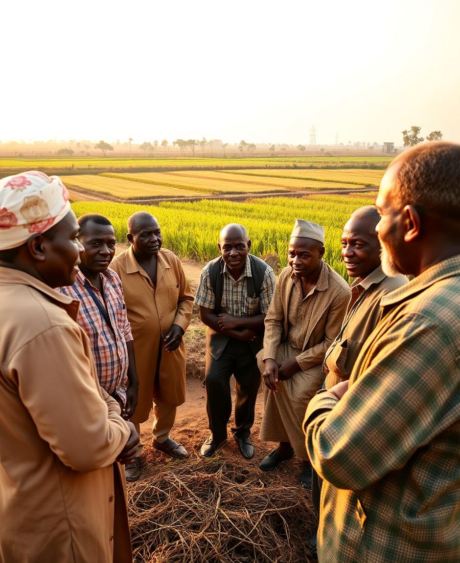 Farmer cooperative meeting near agricultural fields